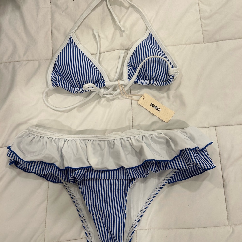 Sea Molly Blue and White Striped Ruffle Two-Piece Bikini